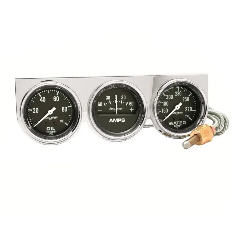 Autometer Autogage Dual-Dial Gauge — 2-5/8In Oil Pressure (0–100 Psi) & Water Temperature (130–280°F) With Amp Meter 1