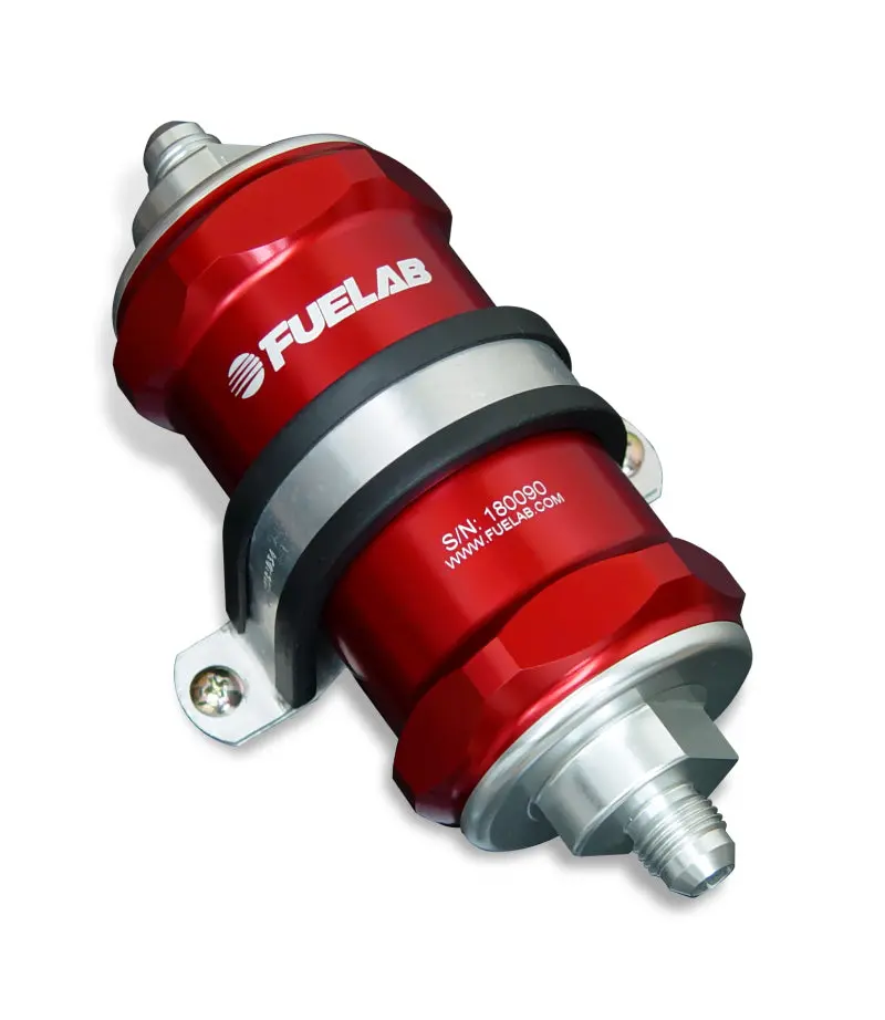 Fuelab 818 Inline Fuel Filter – -10An Fittings, 10-Micron Fabric Element, Red Housing 1