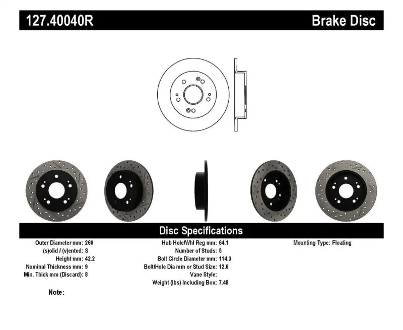 Stoptech Slotted And Drilled Rear Brake Rotor For 2006–2009 Honda Civic Ex And Si (Right Side) 2